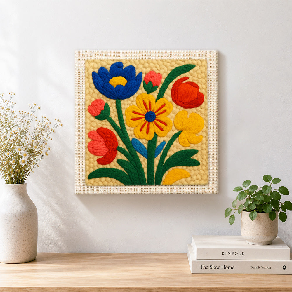 Finished vibrant colorful florals artwork displayed on a wall