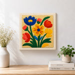 Finished vibrant colorful florals artwork displayed on a wall