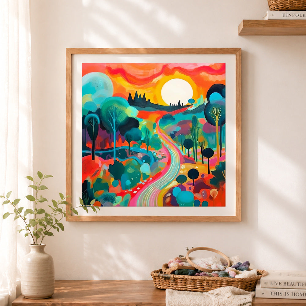 Finished vibrant colorful landscape cross stitch artwork displayed as home decor