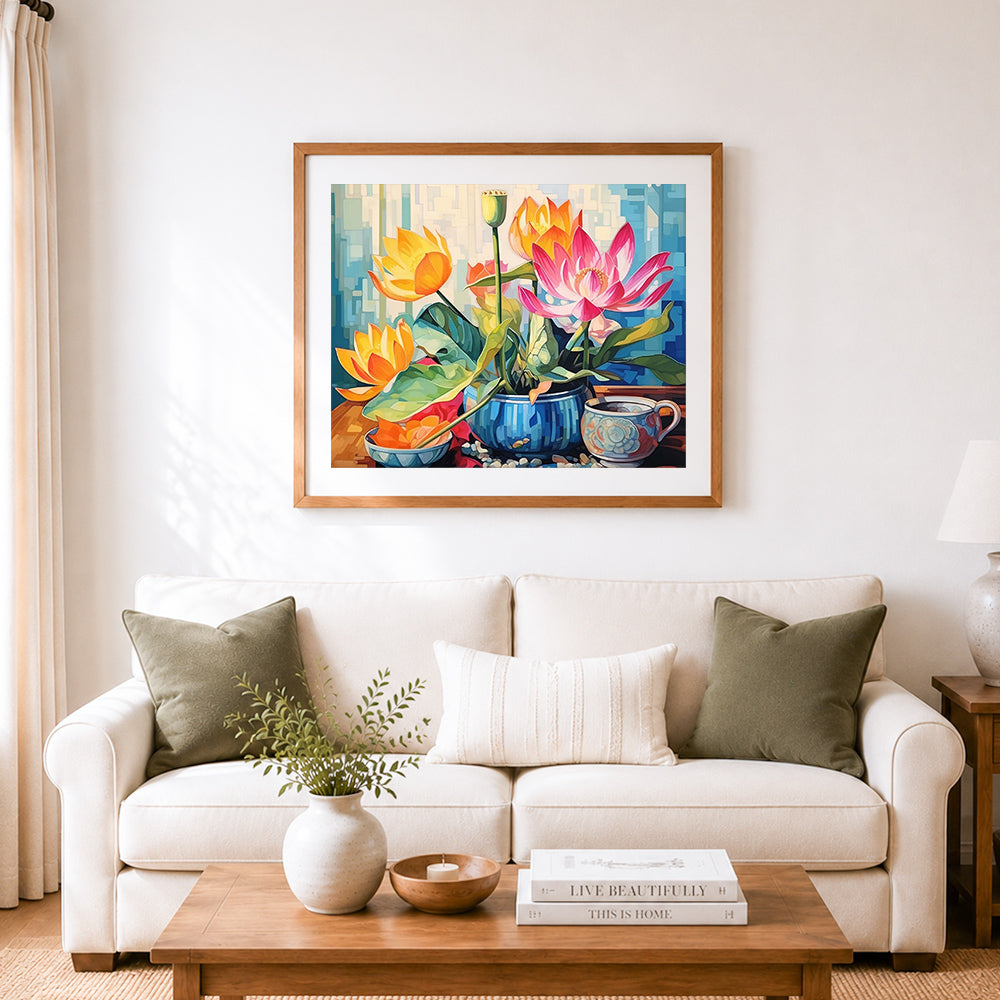 Finished vibrant colorful lotus in vase cross stitch artwork displayed as home decor