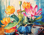 Vibrant colorful lotus in vase cross stitch kit for beginners