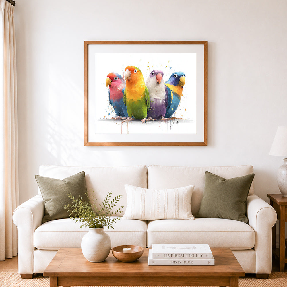 Finished vibrant colorful lovebirds cross stitch artwork displayed as home decor