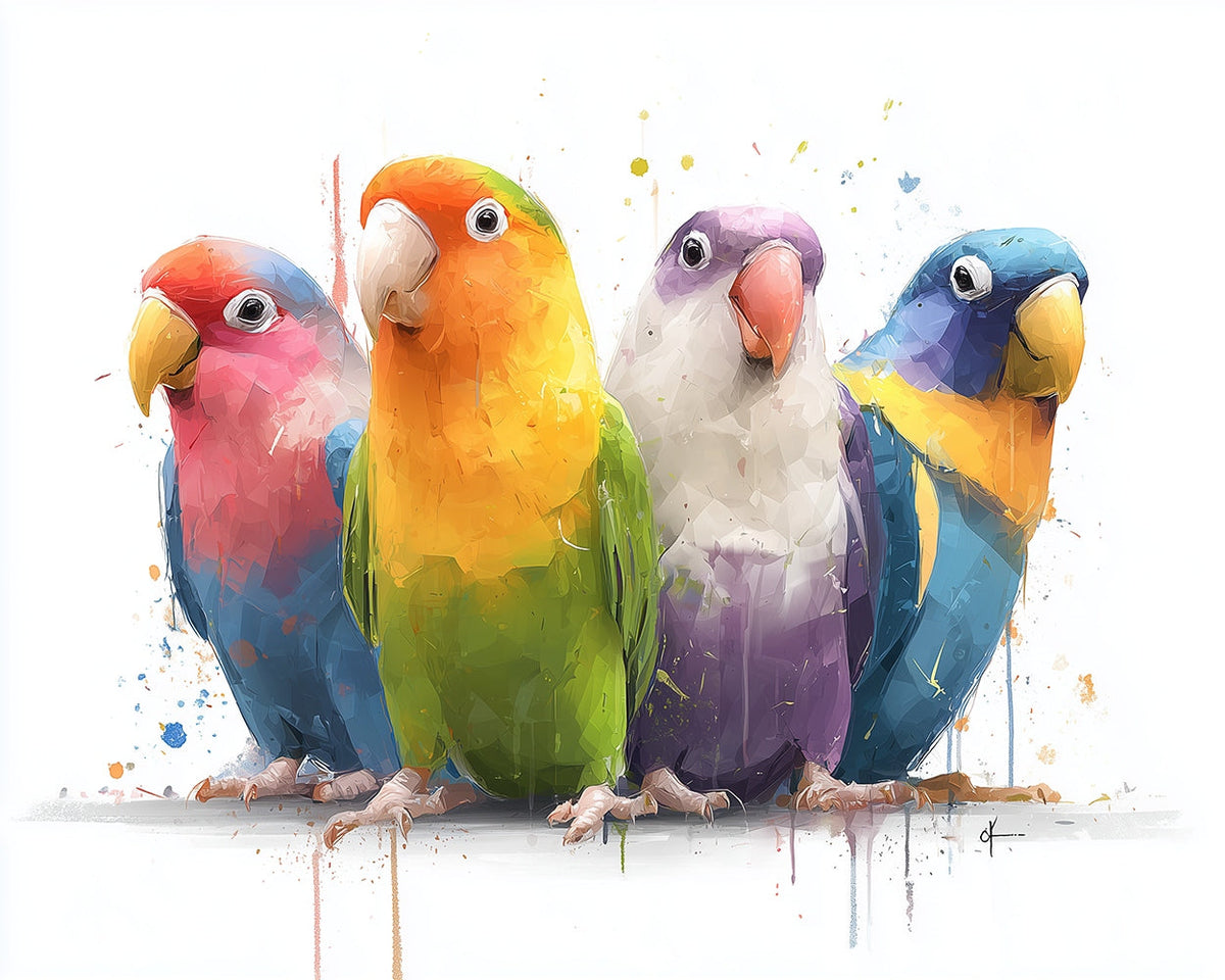 Vibrant colorful lovebirds cross stitch kit for beginners