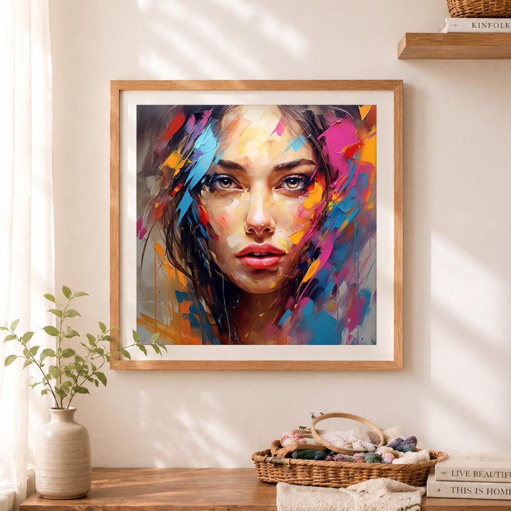 Finished vibrant colorful portrait cross stitch artwork displayed as home decor