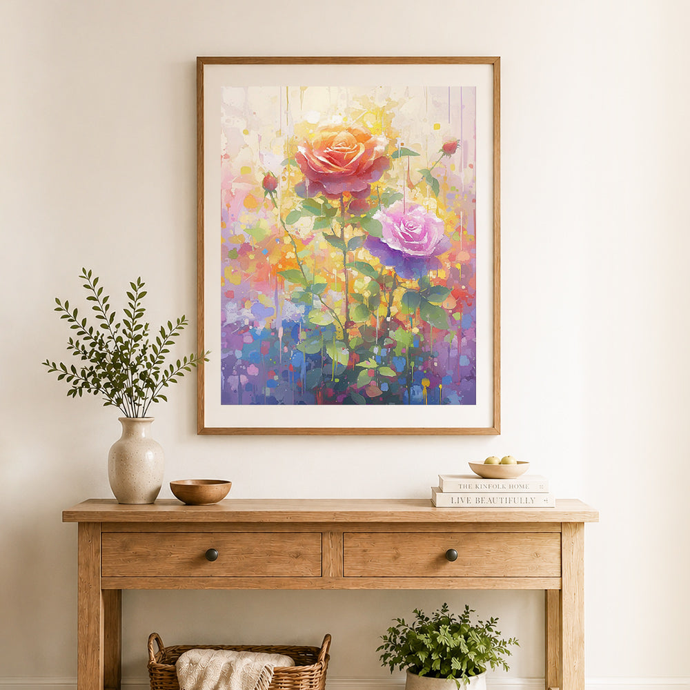 Finished vibrant colorful roses cross stitch artwork displayed as home decor