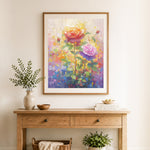 Finished vibrant colorful roses cross stitch artwork displayed as home decor