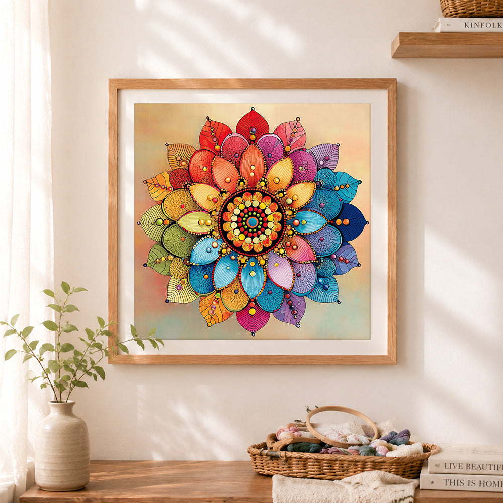 Finished vibrant complex mandala design cross stitch artwork displayed as home decor