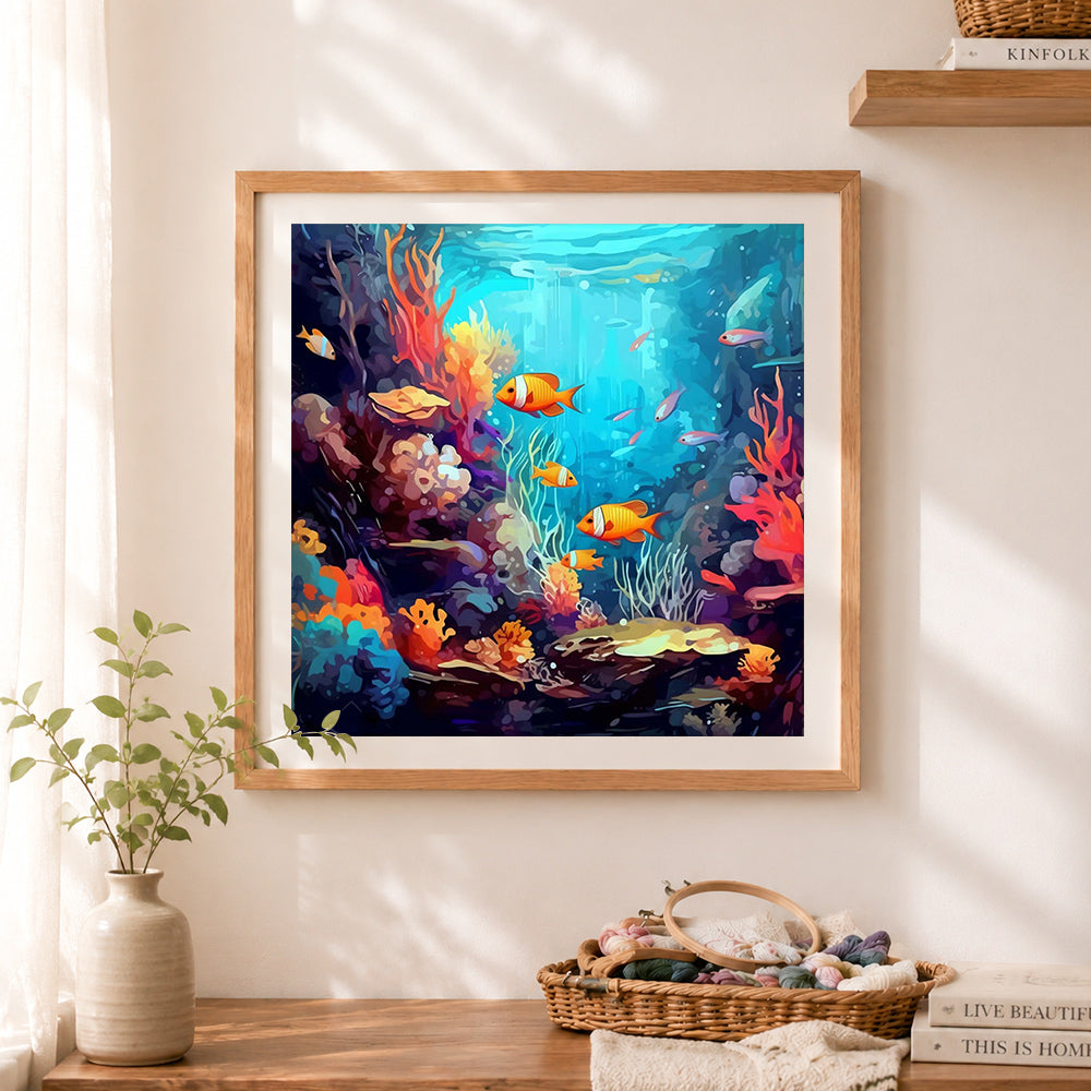 Finished vibrant coral reef ocean world cross stitch artwork displayed as home decor