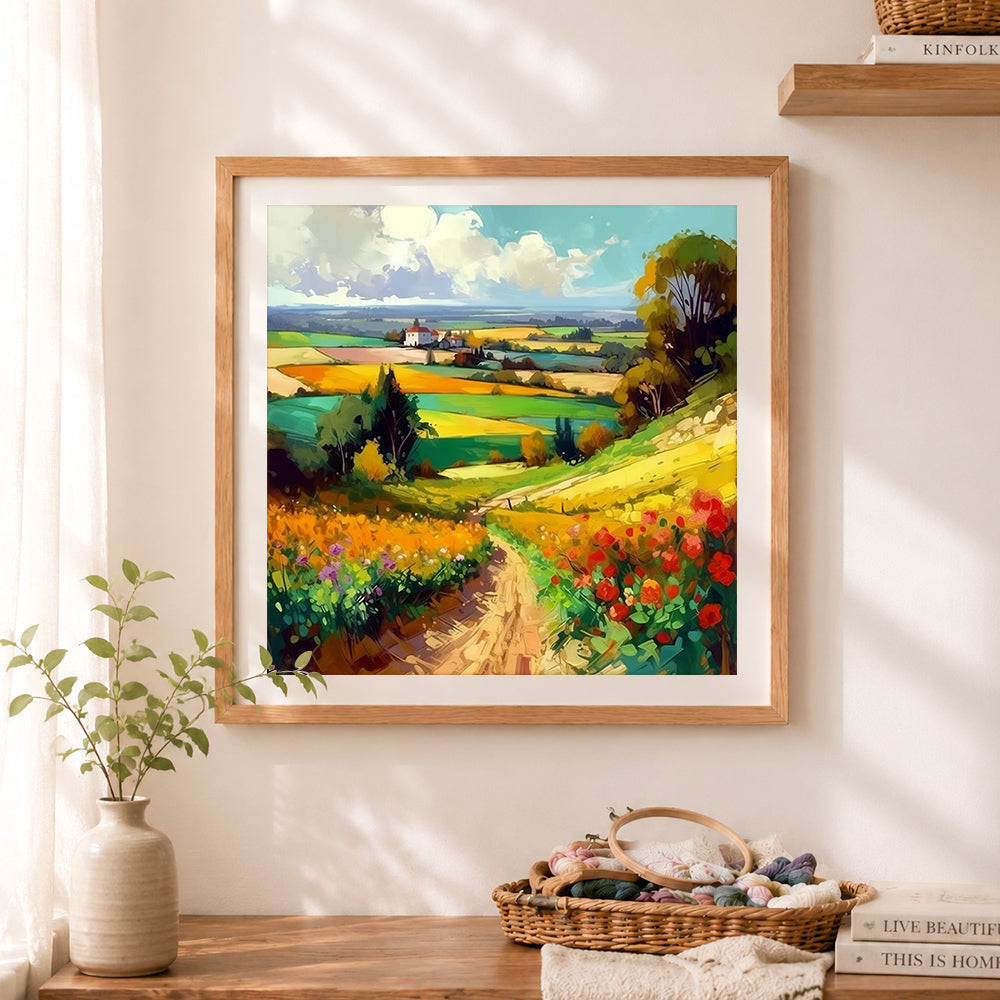 Finished vibrant countryside farmland cross stitch artwork displayed as home decor