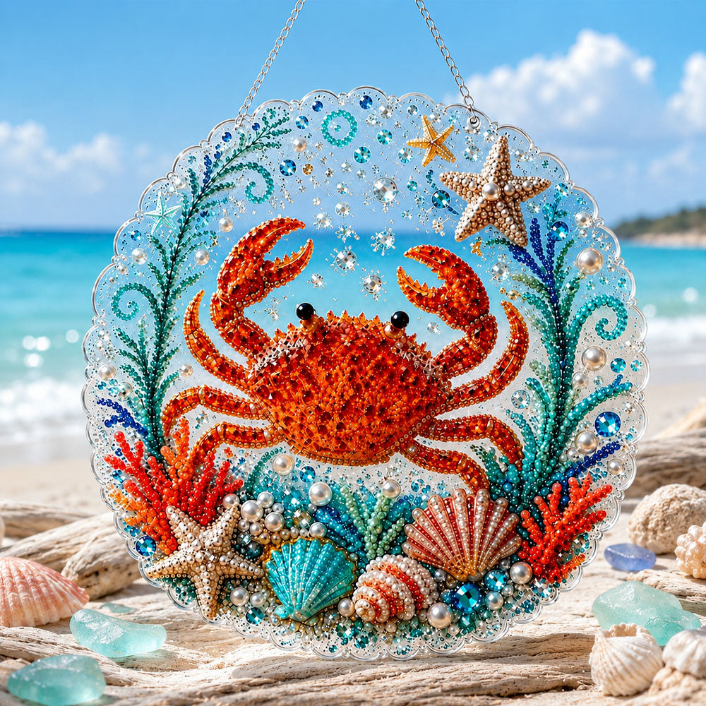 Finished vibrant crab pearl diamond painting artwork displayed as home decor