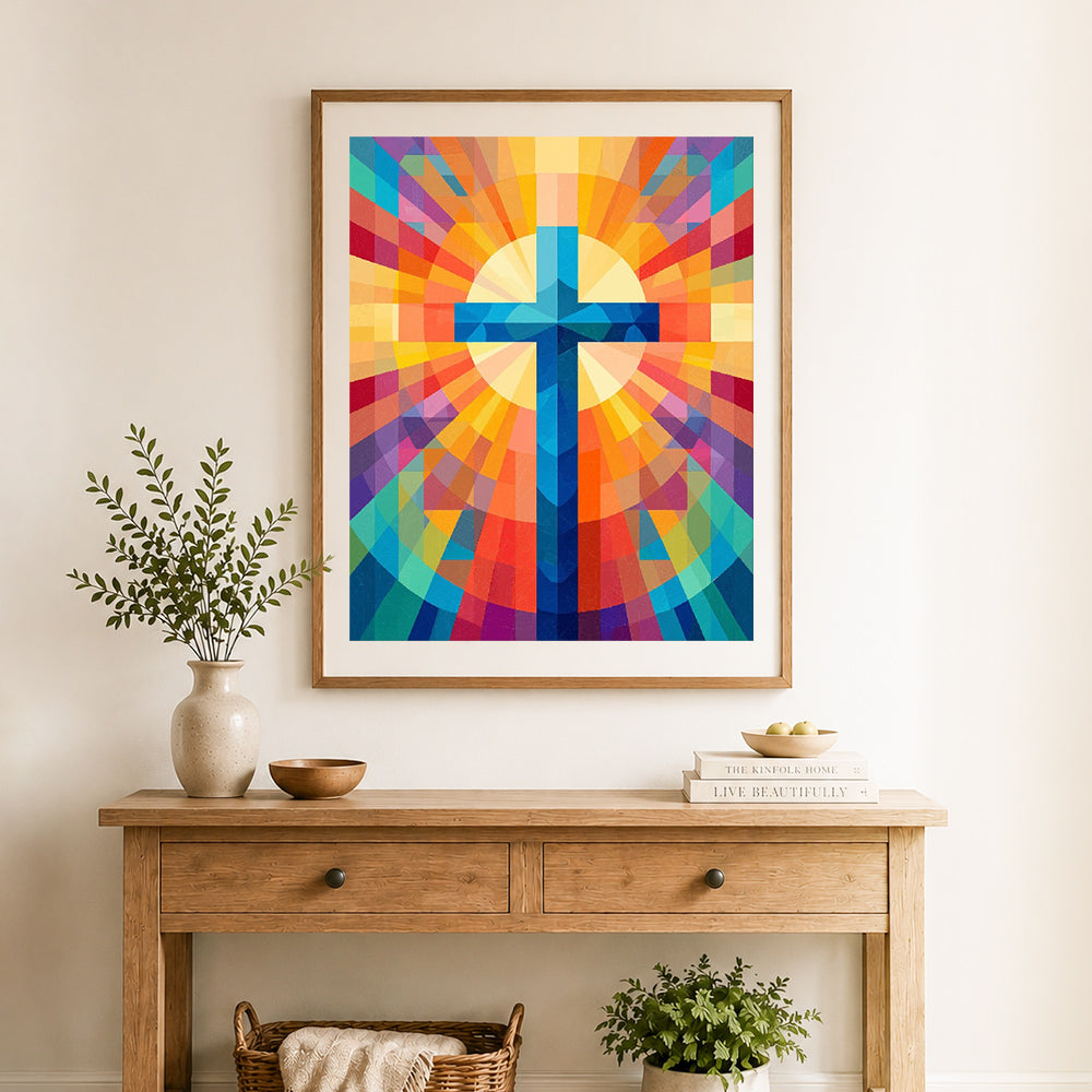Finished vibrant cross stained glass decor cross stitch artwork displayed as home decor
