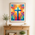 Finished vibrant cross stained glass decor cross stitch artwork displayed as home decor