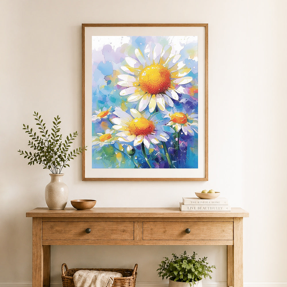 Finished vibrant daisy art cross stitch artwork displayed as home decor
