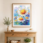 Finished vibrant daisy art cross stitch artwork displayed as home decor