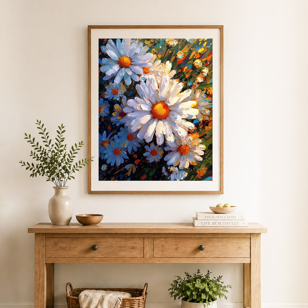 Finished vibrant daisy blooms cross stitch artwork displayed as home decor