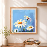 Finished vibrant daisy floral art cross stitch artwork displayed as home decor