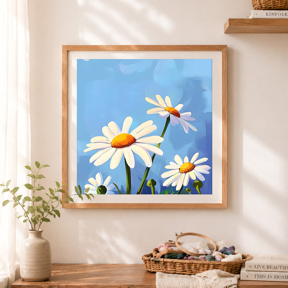 Finished vibrant daisy floral art cross stitch artwork displayed as home decor