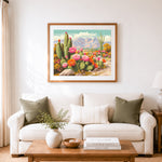 Finished vibrant desert cactus garden cross stitch artwork displayed as home decor
