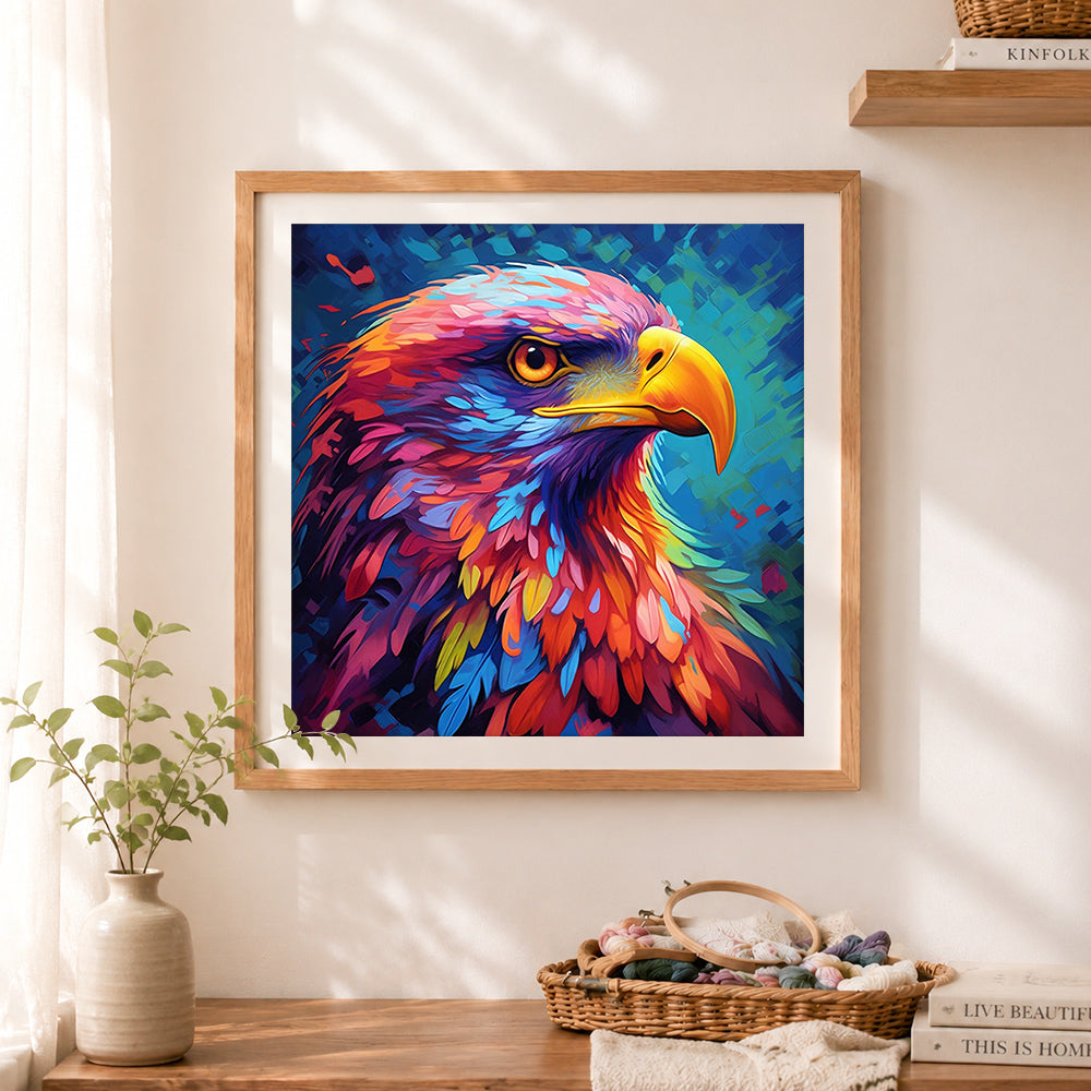 Finished vibrant eagle portrait cross stitch artwork displayed as home decor