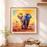 Finished vibrant elephant on golden background cross stitch artwork displayed as home decor