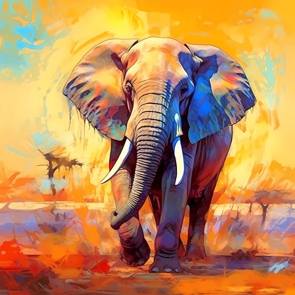 Vibrant elephant on golden background cross stitch kit for beginners