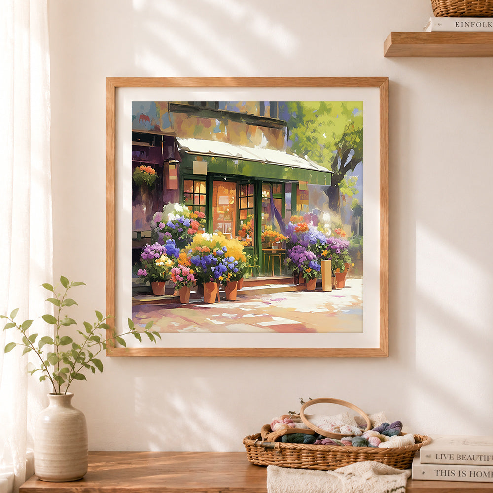 Finished vibrant european flower shop cross stitch artwork displayed as home decor