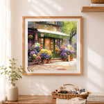 Finished vibrant european flower shop cross stitch artwork displayed as home decor