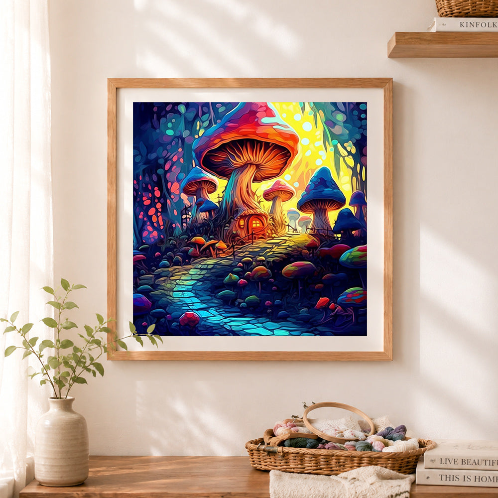 Finished vibrant fantasy mushroom land cross stitch artwork displayed as home decor
