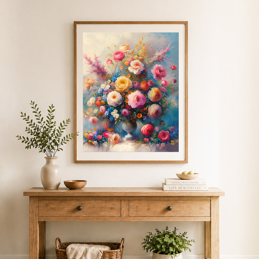 Finished vibrant floral bouquet cross stitch artwork displayed as home decor