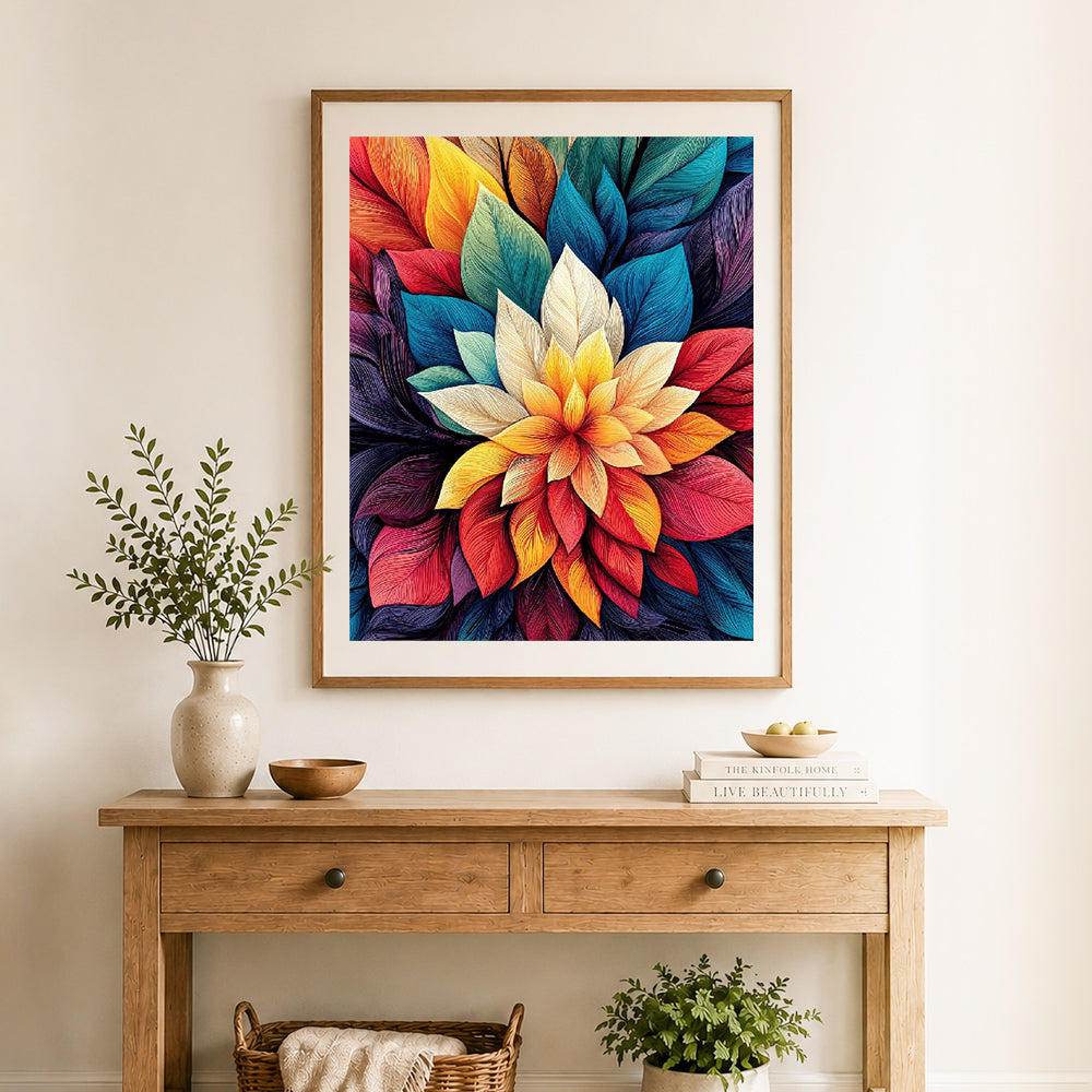 Finished vibrant floral mandala cross stitch artwork displayed as home decor