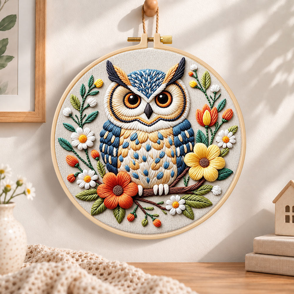 Vibrant floral owl embroidery hoop wall art displayed as warm and cozy handmade home decor
