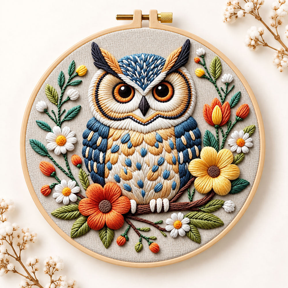 Vibrant floral owl embroidery kit