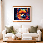 Finished vibrant fluffy pomeranian cross stitch artwork displayed as home decor