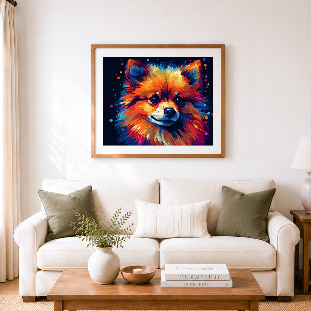 Finished vibrant fluffy pomeranian cross stitch artwork displayed as home decor
