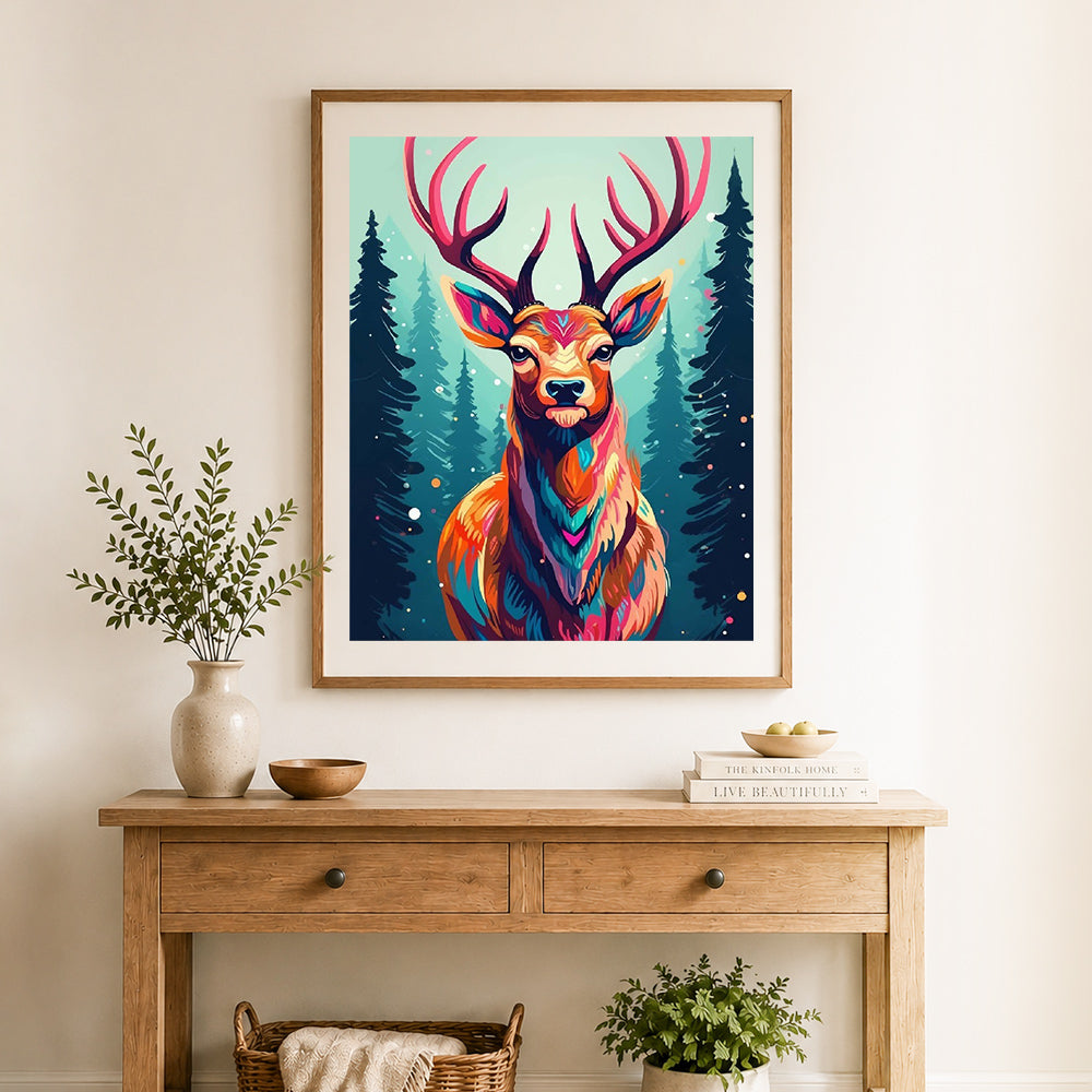Finished vibrant forest stag cross stitch artwork displayed as home decor