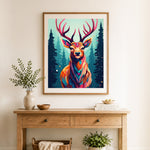 Finished vibrant forest stag cross stitch artwork displayed as home decor