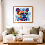 Finished vibrant french bulldog cross stitch artwork displayed as home decor