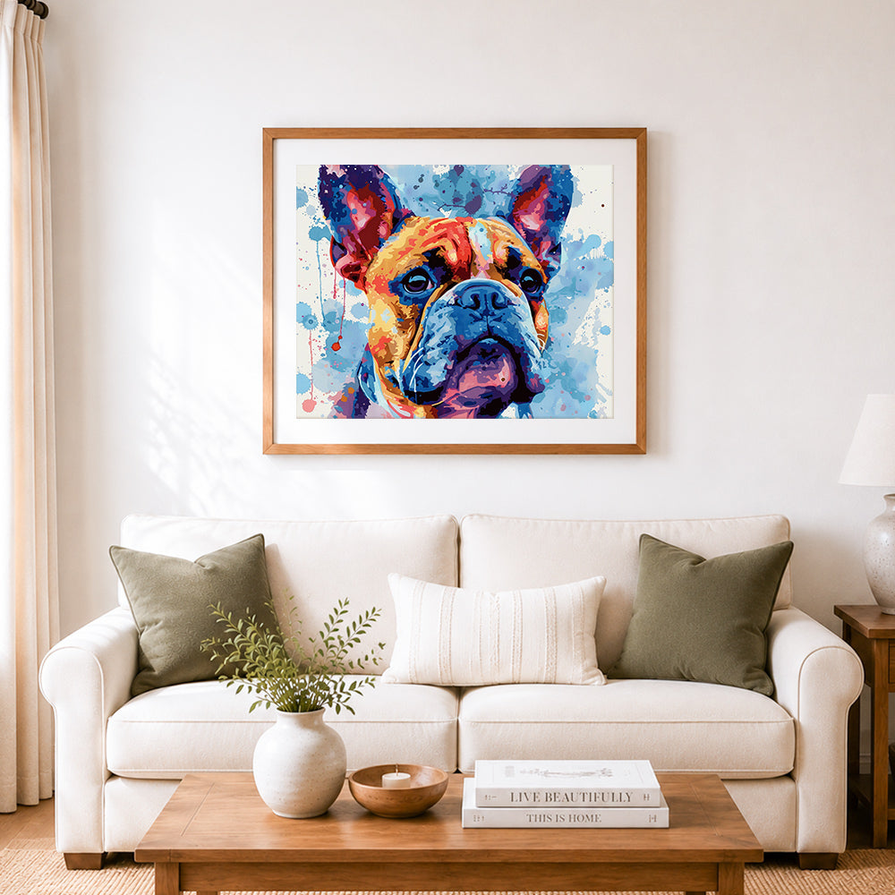 Finished vibrant french bulldog cross stitch artwork displayed as home decor