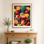 Finished vibrant fresh fruits cross stitch artwork displayed as home decor