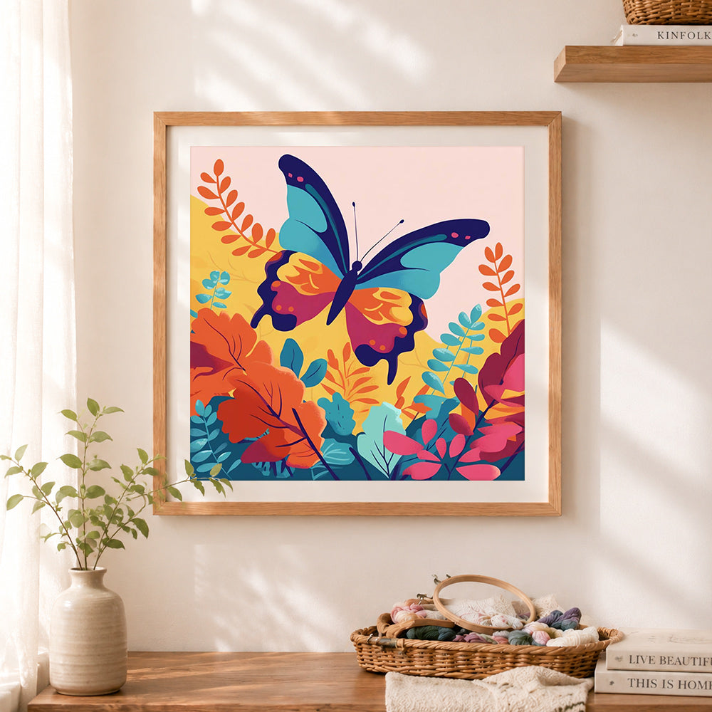 Finished vibrant garden butterfly cross stitch artwork displayed as home decor
