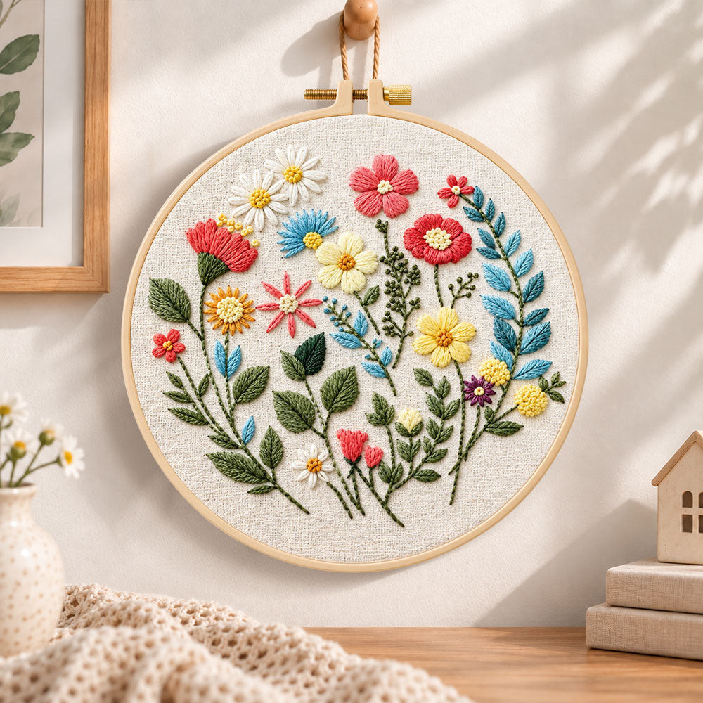 Vibrant garden sprigs embroidery hoop wall art displayed as warm and cozy handmade home decor