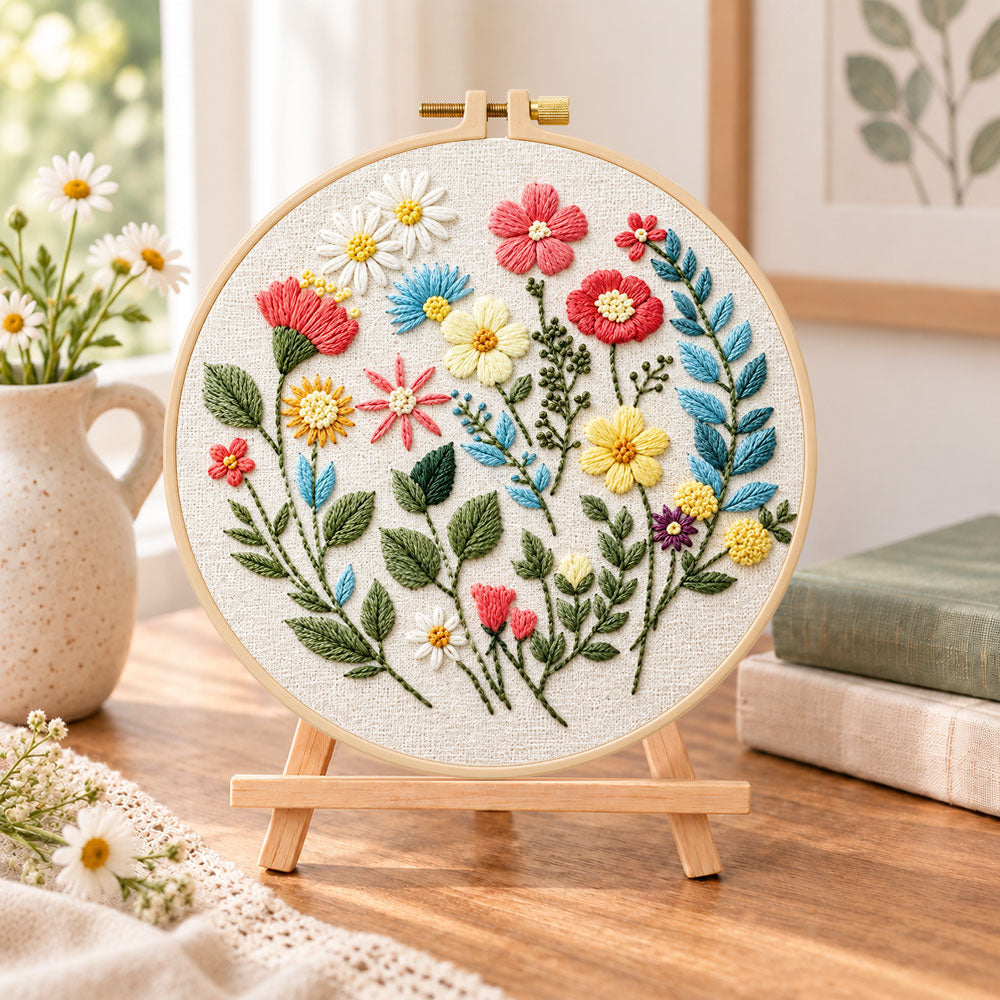 Vibrant garden sprigs embroidery kit finished hoop displayed on a wooden stand as cozy tabletop decor