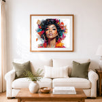 Finished vibrant geometric portrait cross stitch artwork displayed as home decor