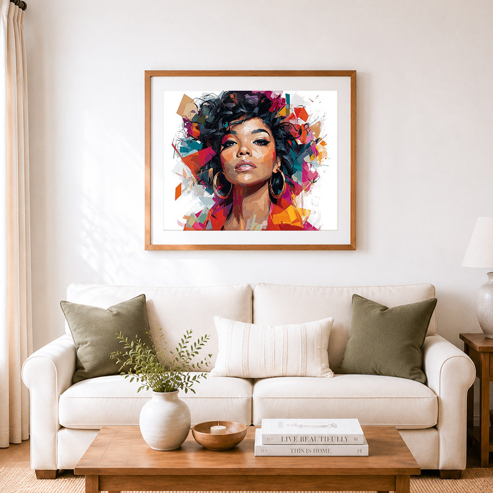 Finished vibrant geometric portrait cross stitch artwork displayed as home decor