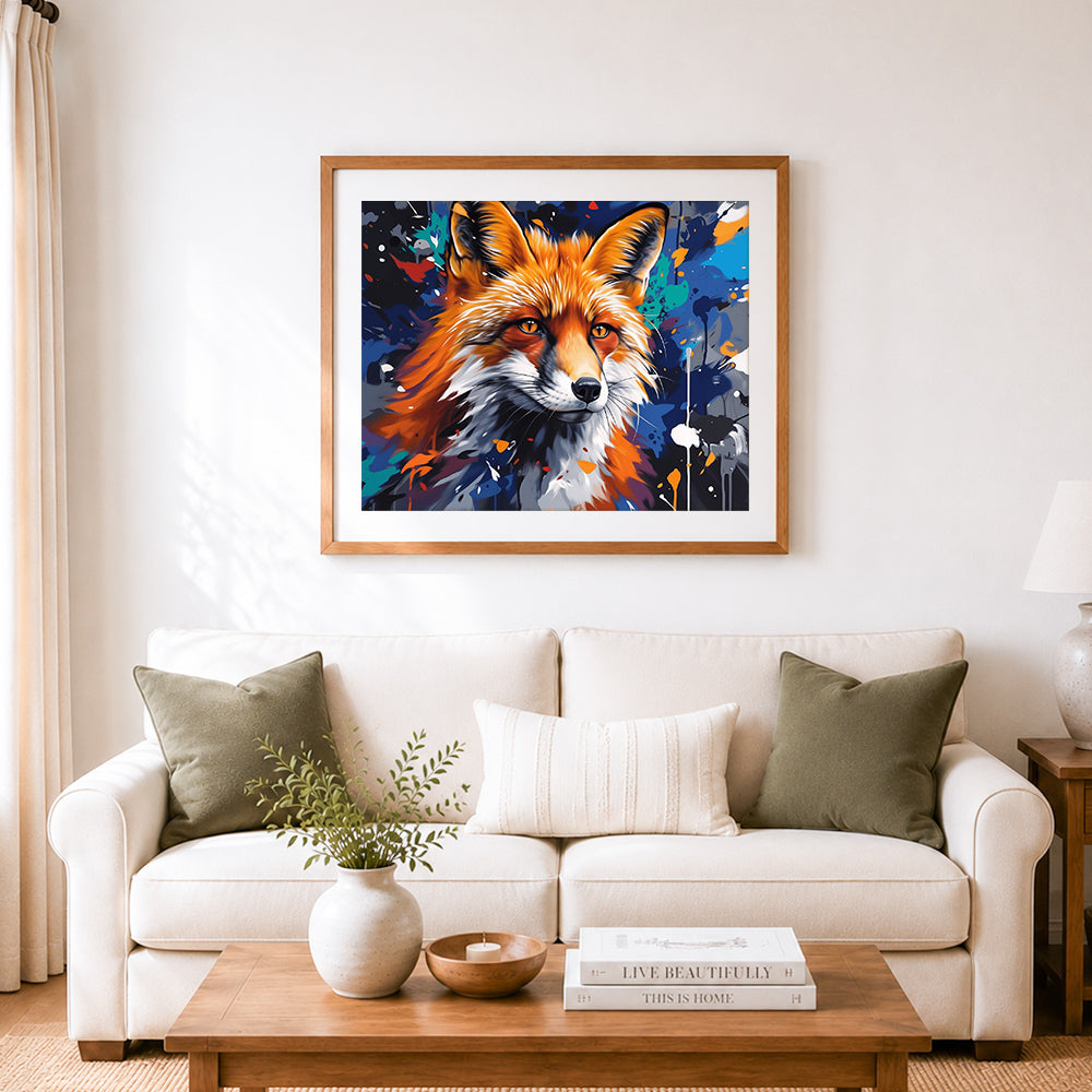 Finished vibrant graffiti fox cross stitch artwork displayed as home decor