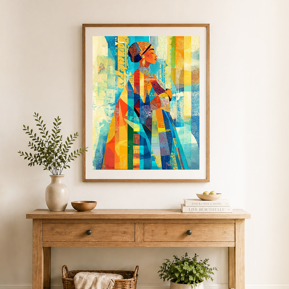 Finished vibrant heritage cross stitch artwork displayed as home decor