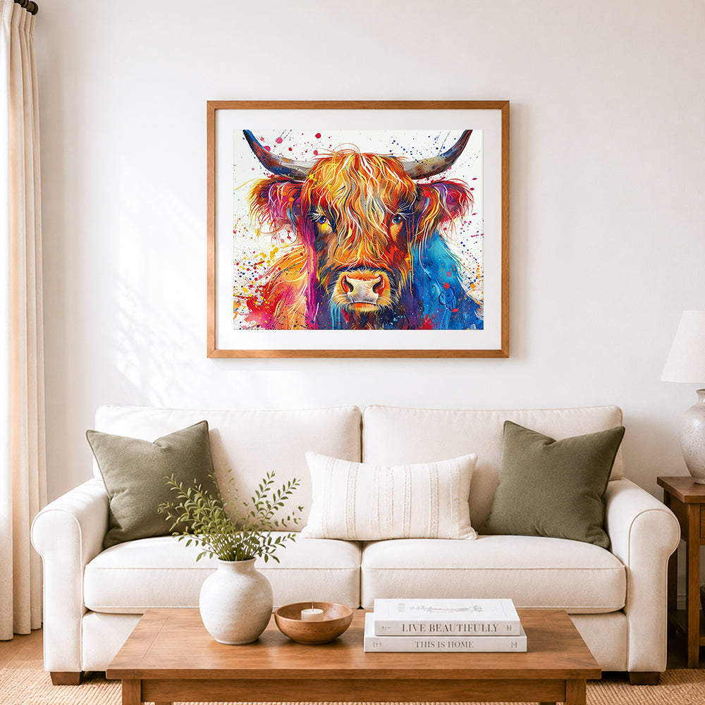 Finished vibrant highland cow splash art cross stitch artwork displayed as home decor