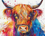 Vibrant highland cow splash art cross stitch kit for beginners
