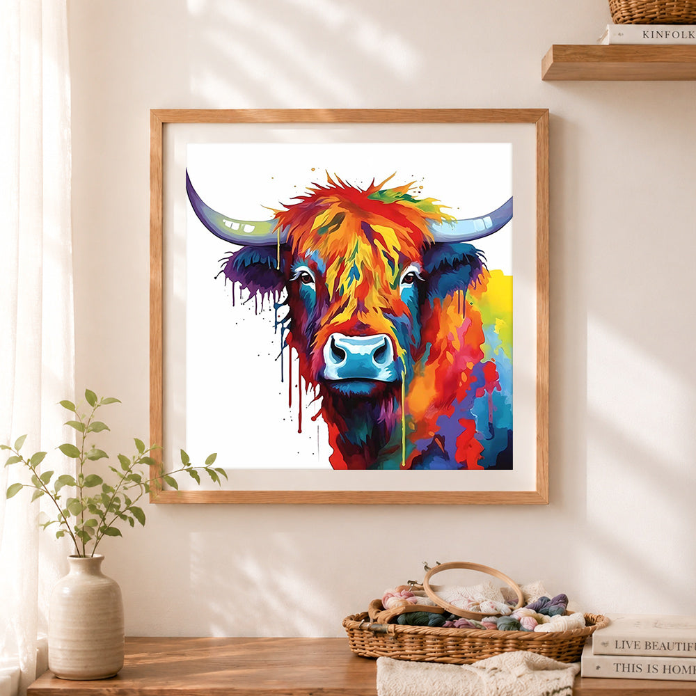 Finished vibrant highland cow with paint drips cross stitch artwork displayed as home decor