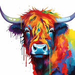 Vibrant highland cow with paint drips cross stitch kit for beginners